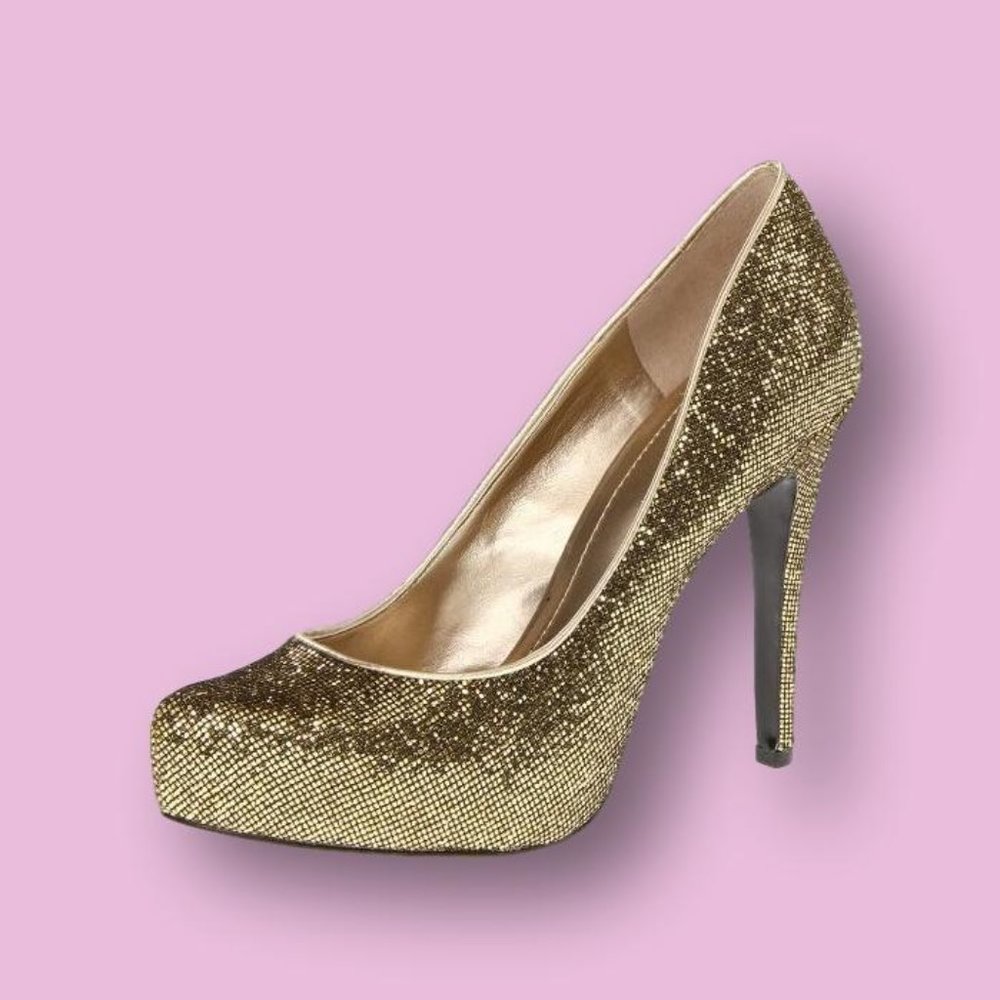 Gold Glitter BCBGeneration Parade Platorm Heels, 7